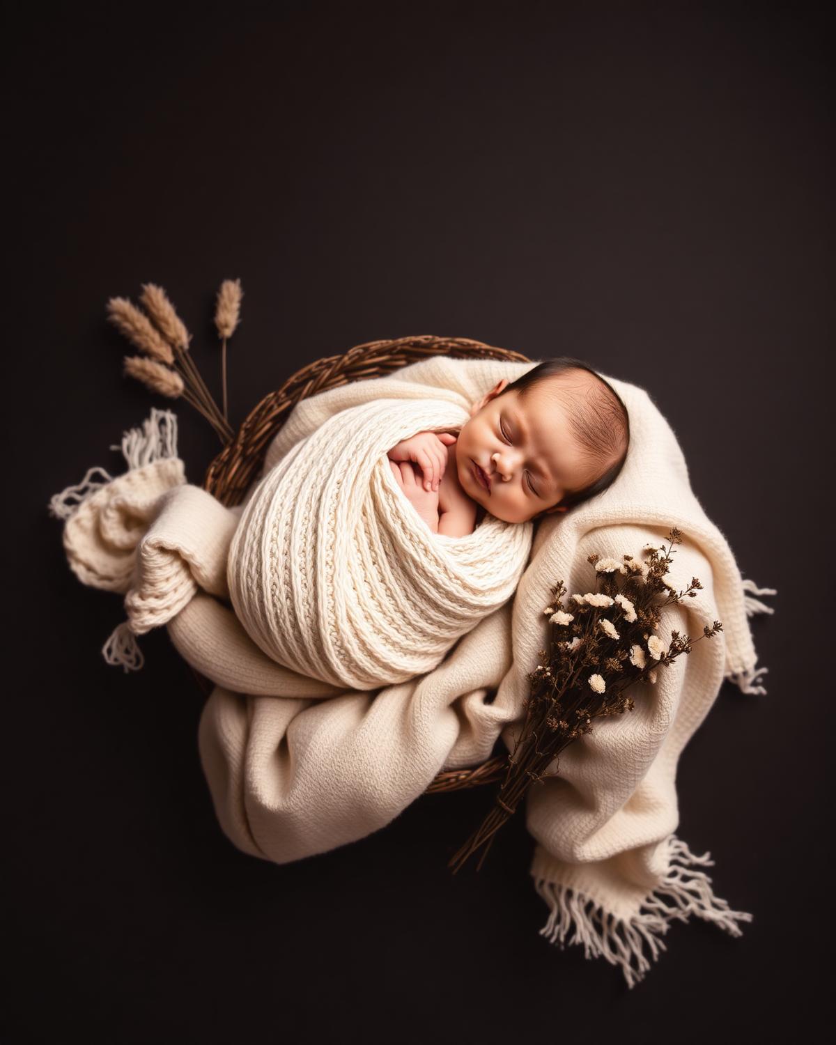 Newborn wrapped in a cream knit blanket in a woven basket