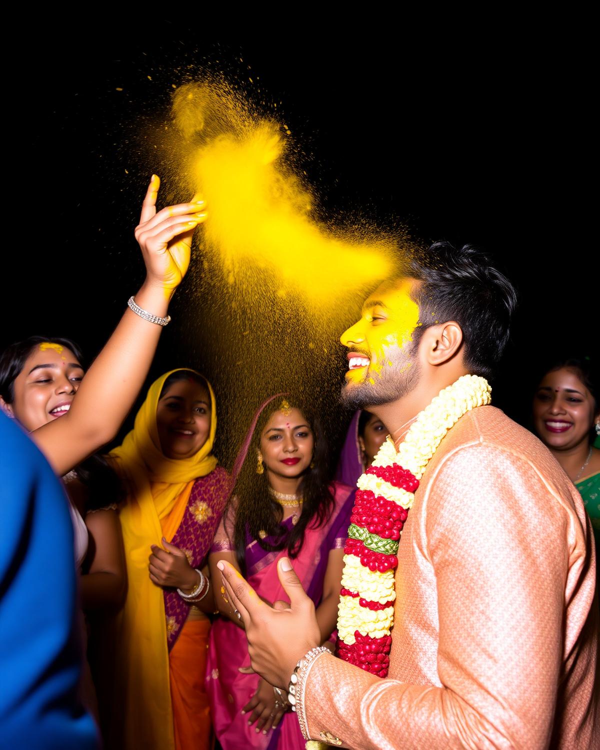 Haldi ceremony with turmeric powder in the air